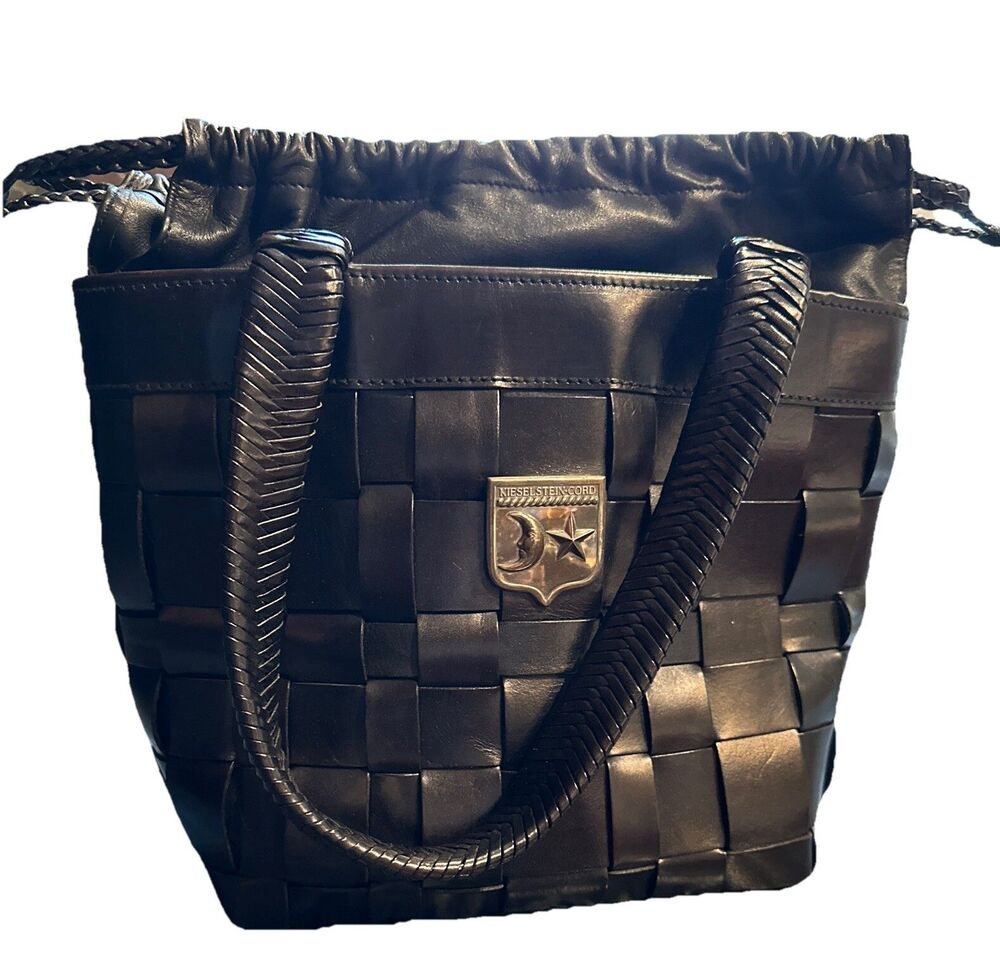 Barry Kieselstein Cord Black Woven Leather w/Plastic Liner Moon & Star Handbag